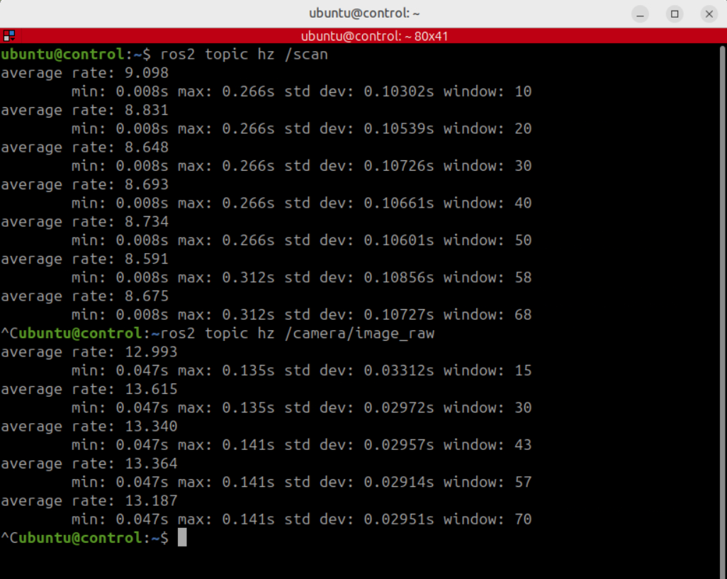 Image Alt Text:Control terminal showing ROS 2 <code>/scan</code> and <code>/camera/image_raw</code> topic rates in Hz. These rates confirm that sensor data transfers from the robot container to the remote control container