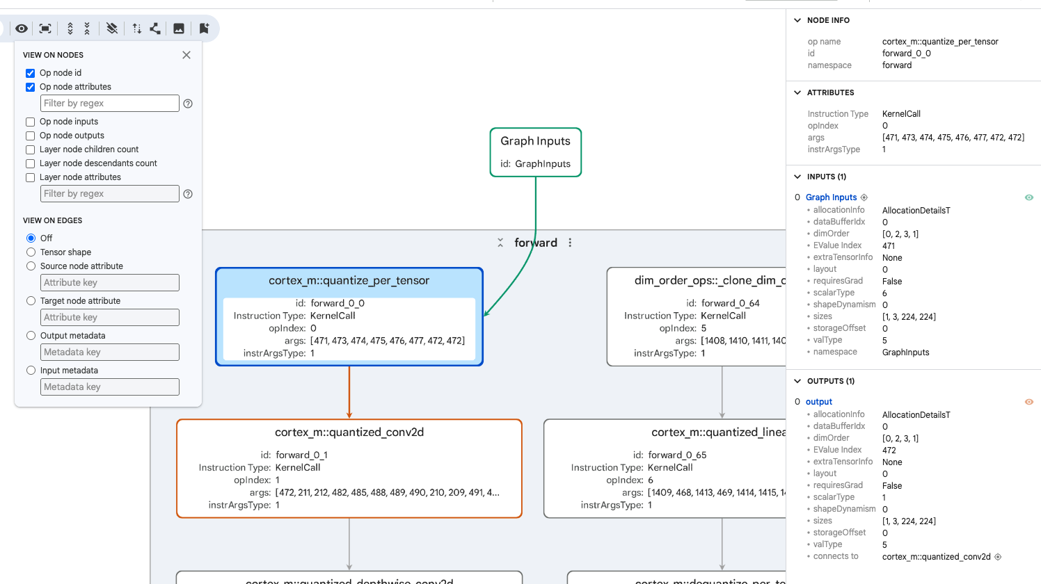 Image Alt Text:Expanded Cortex-M graph with cortex_m::quantize_per_tensor selected. The node information and View on nodes panels expose its attributes, inputs, outputs, and KernelCall metadata.