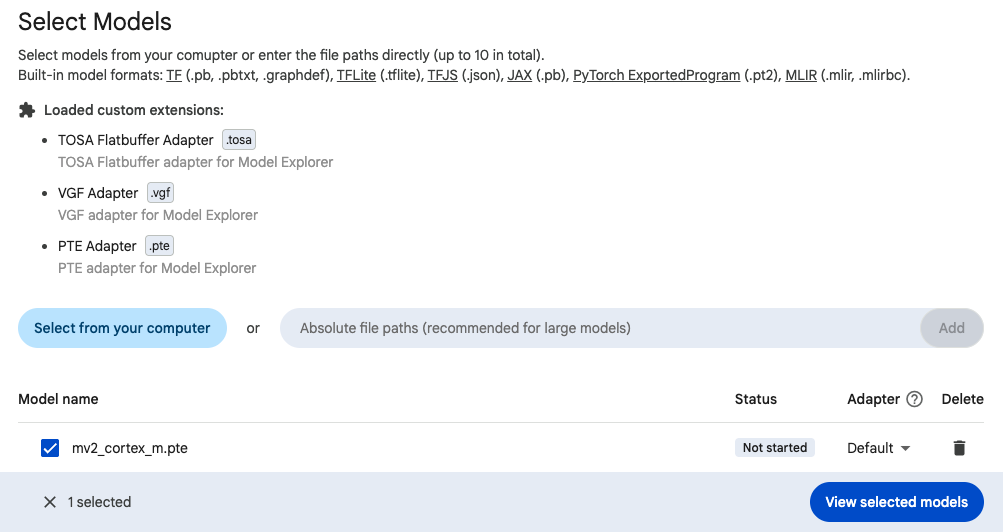 Image Alt Text:Model Explorer Select Models screen showing the TOSA, VGF, and PTE extensions loaded and mv2_cortex_m.pte selected, ready to open with View selected models.