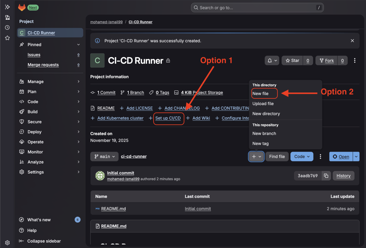 Image Alt Text:GitLab project page with CI/CD setup option highlighted, showing the Set up CI/CD button in the center of the interface alt-txt
