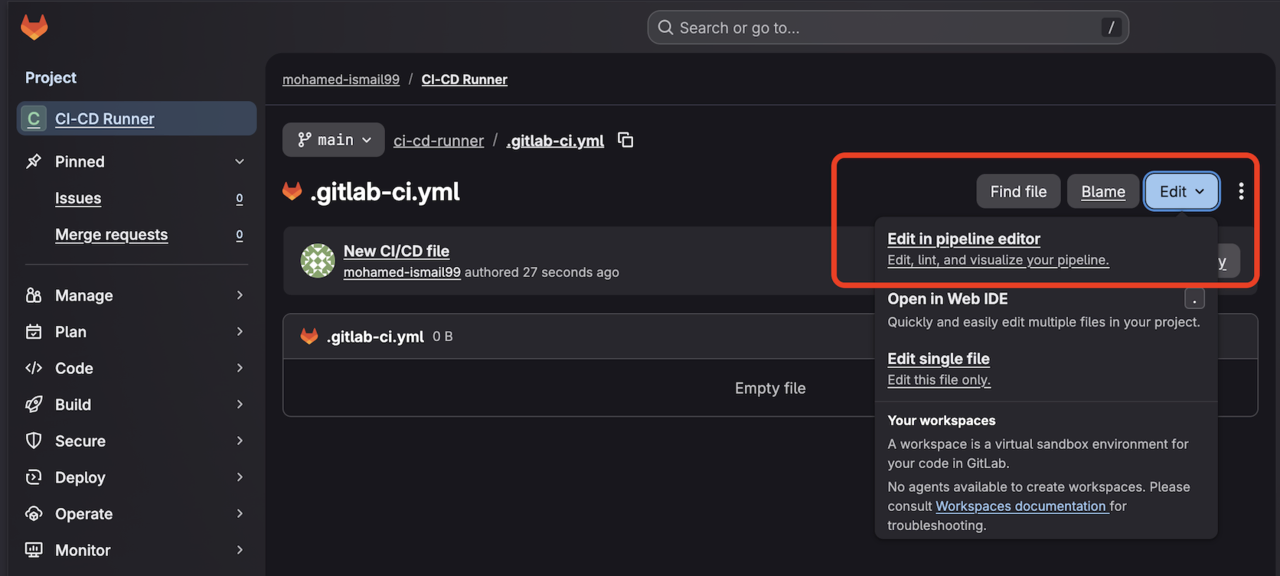 Image Alt Text:GitLab pipeline editor screen for editing .gitlab-ci.yml alt-txt