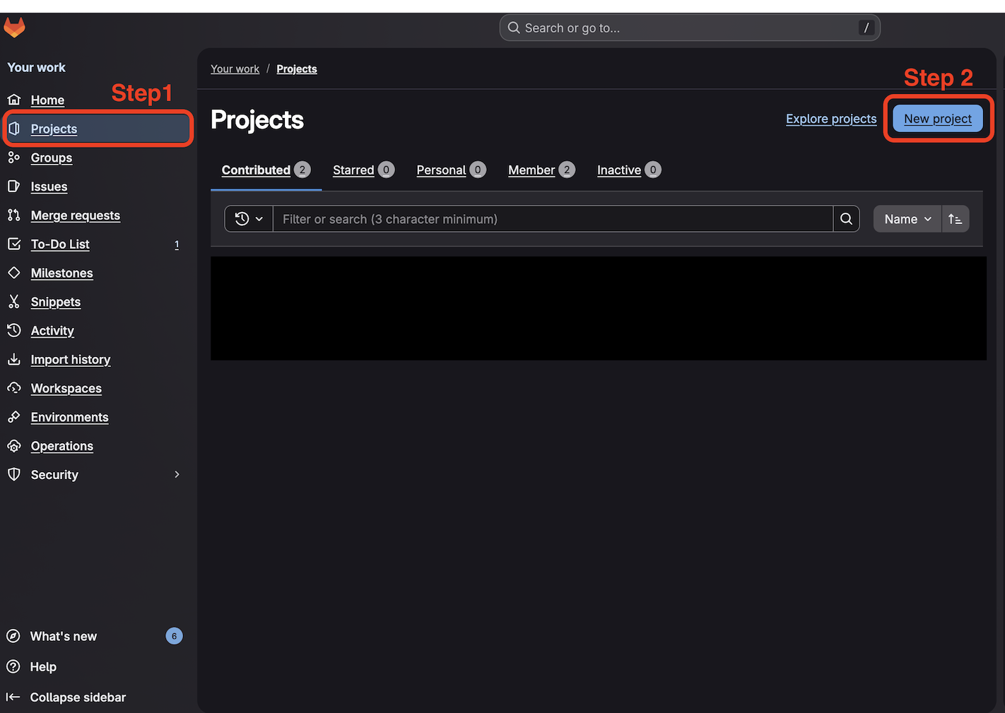 Image Alt Text:GitLab left sidebar showing Projects menu with New Project option highlighted alt-txt