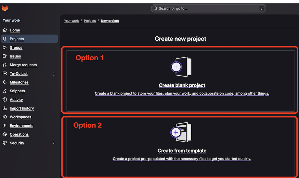 Image Alt Text:GitLab new project creation screen showing options for blank project and templates alt-txt
