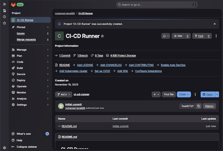 Image Alt Text:GitLab project creation success screen showing project dashboard alt-txt