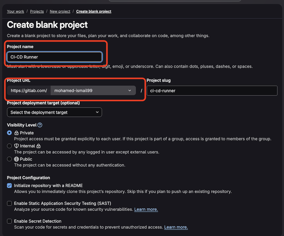 Image Alt Text:GitLab project information entry screen with fields for project name and URL alt-txt