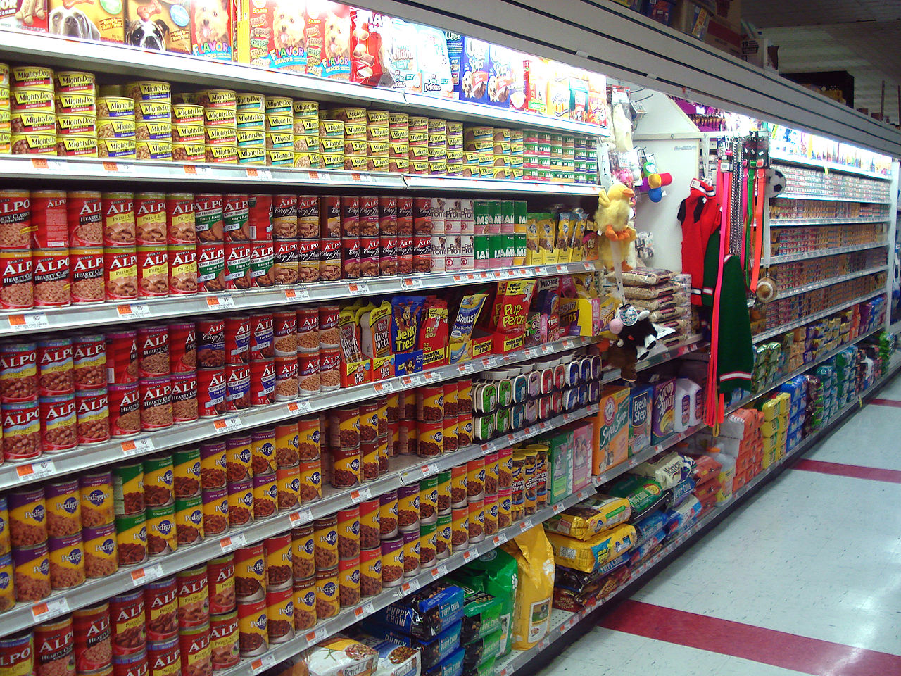 Image Alt Text:Pet food aisle shelf with multiple levels stocked with pet food products, showing top, middle, and bottom shelf zones that will be analyzed by the vision model