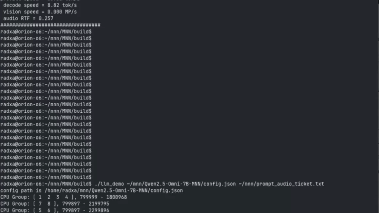 Image Alt Text:Animated terminal output showing llm_demo processing an audio prompt and returning a structured restock ticket on Armv9