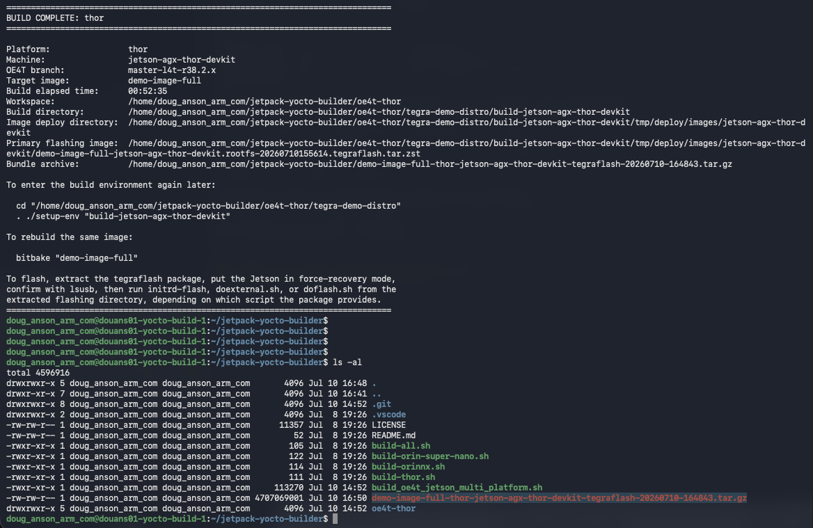 Image Alt Text:Terminal output showing a completed Thor build and listing the deploy directory, primary flashing image, and bundle archive paths