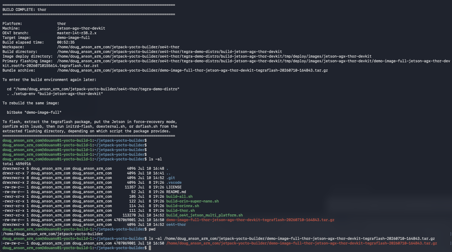 Image Alt Text:Terminal listing with the generated Thor tegraflash archive highlighted, confirming that the flashing bundle was created