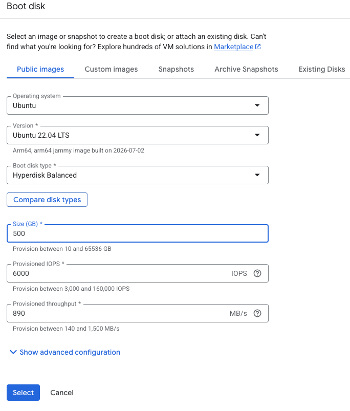Image Alt Text:Google Cloud Boot disk panel with Ubuntu 22.04 LTS Arm64 selected and the disk size set to 500 GB