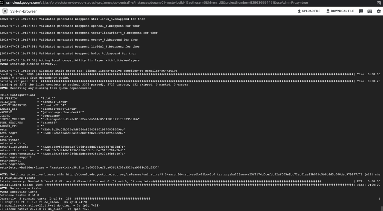 Image Alt Text:Google Cloud SSH terminal showing BitBake building the Yocto image for the jetson-agx-thor-devkit target with tasks in progress