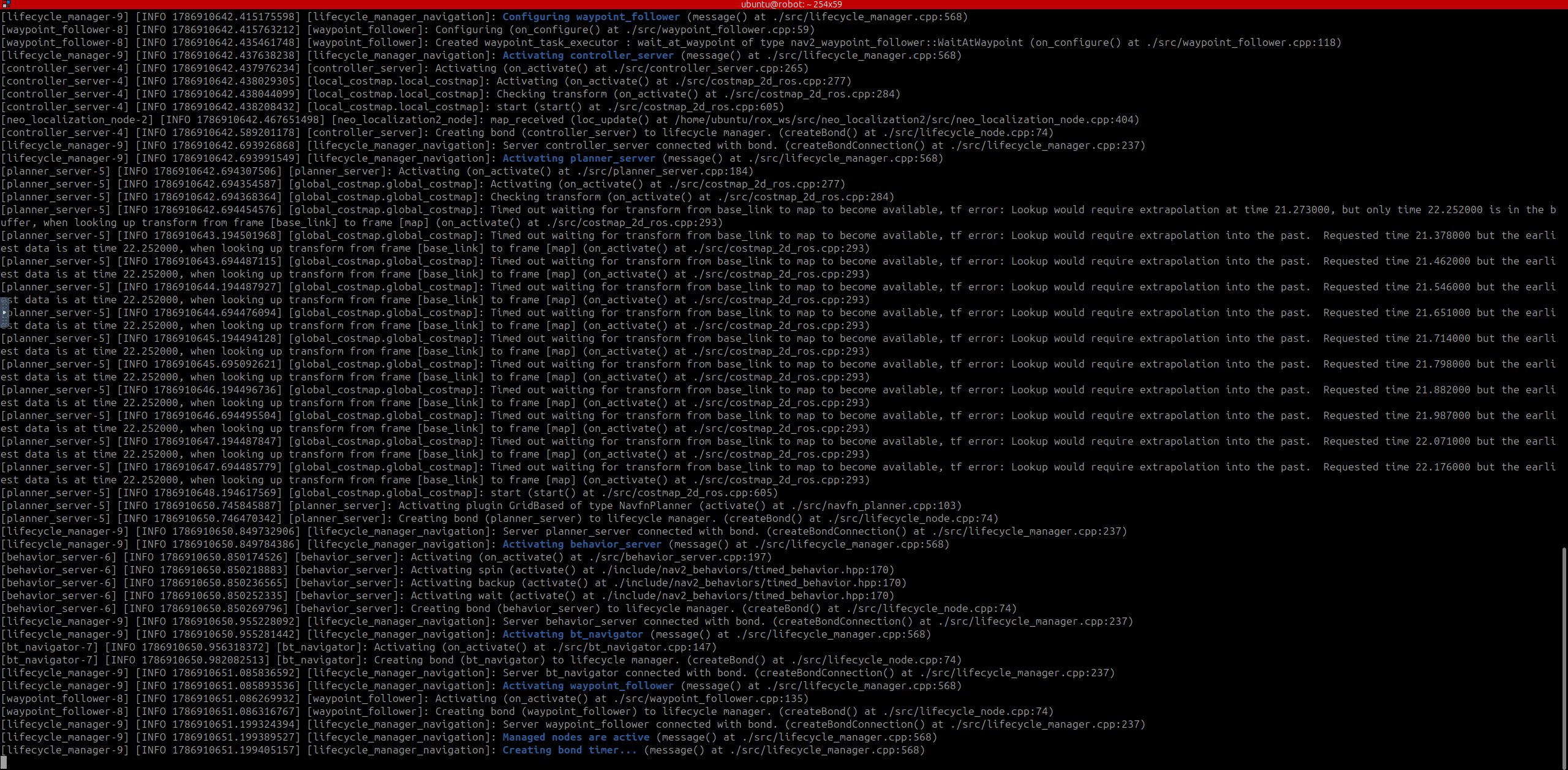 Image Alt Text:Navigation2 terminal output showing managed nodes active while the navigation stack starts in the robot container.