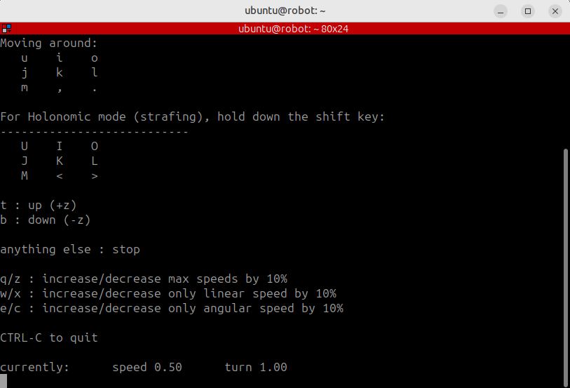 Image Alt Text:Keyboard teleoperation terminal showing the movement key bindings for controlling the robot.