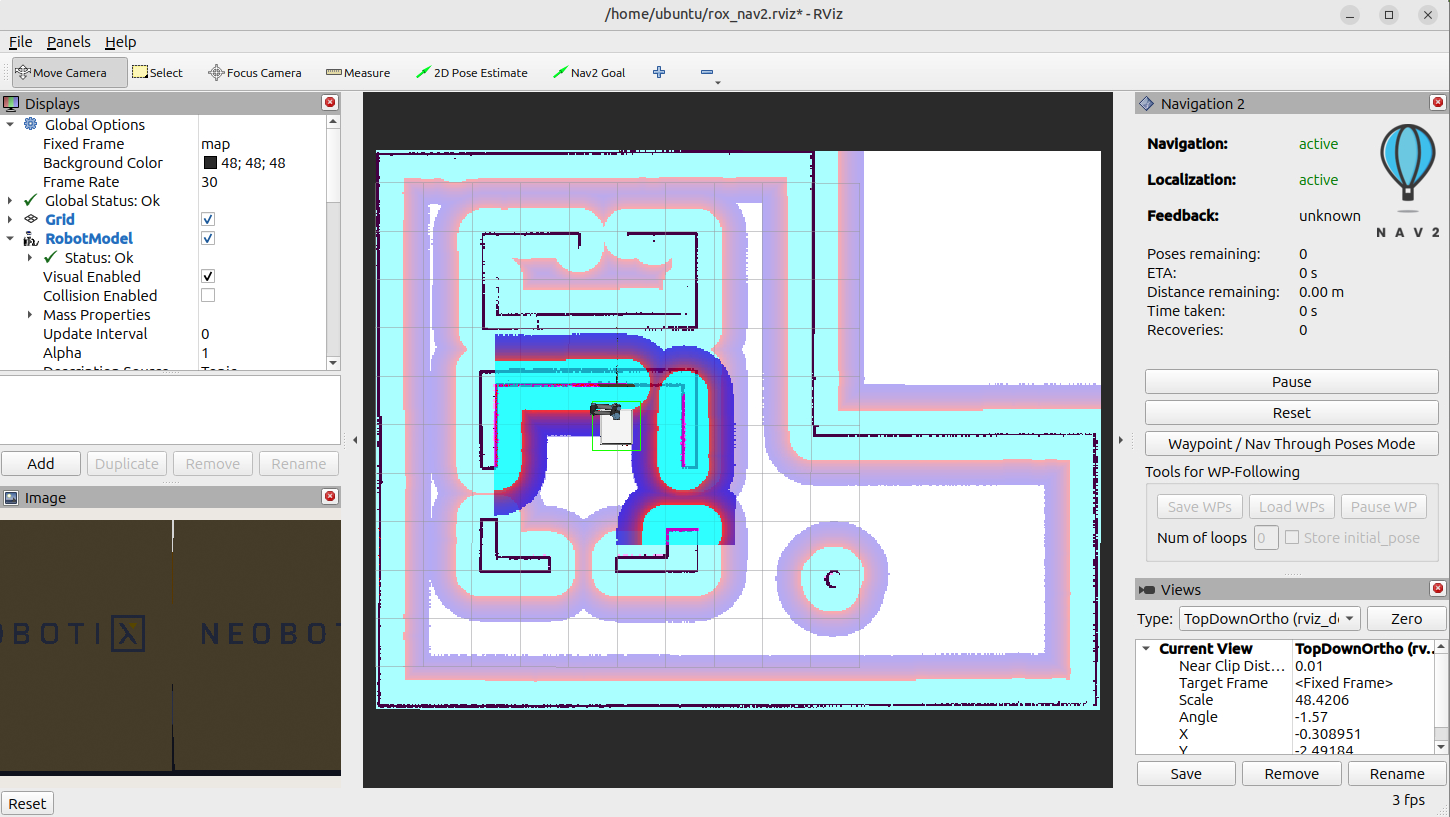 Image Alt Text:RViz showing the Neobotix ROX robot, navigation map, costmaps, and Navigation2 panel.