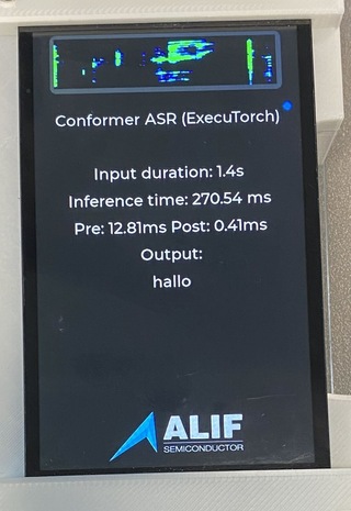 Image Alt Text:E8 display showing a speech spectrogram, processing times, and the transcription hallo after a recording.