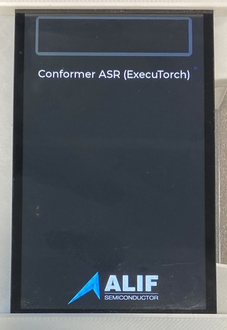 Image Alt Text:E8 display showing Conformer ASR (ExecuTorch) with an empty spectrogram, ready for speech capture.