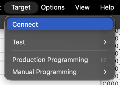 Image Alt Text:J-Flash Target menu with Connect highlighted. Select it to establish the debug connection to the board.