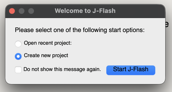 Image Alt Text:J-Flash welcome dialog with Create new project selected. Select Start J-Flash to open the project wizard.