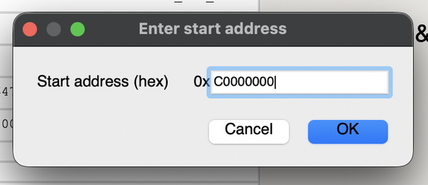 Image Alt Text:J-Flash Enter start address dialog with C0000000 entered in the hexadecimal address field. This places ext_flash.bin at the external OSPI flash base.