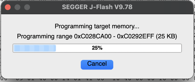 Image Alt Text:J-Flash programming target memory in the external OSPI address range, with progress at 25 percent.