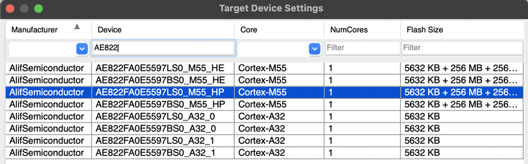Image Alt Text:J-Flash Target Device Settings with AE822FA0E5597LS0_M55_HP highlighted. Match the part number to your board and select the M55-HP core.