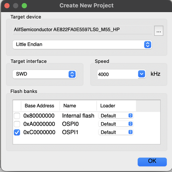 Image Alt Text:J-Flash project wizard with SWD selected and only OSPI1 at 0xC0000000 enabled.