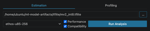 The estimation form selects mv2_int8.tflite and ethos-u85-256 with both Performance and Compatibility enabled, ready to run both checks.