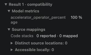 Image Alt Text:The compatibility result reports accelerator_operator_percentage as 100 percent, confirming that the INT8 model&rsquo;s operators map to the accelerator.