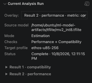Image Alt Text:Current Analysis Run shows Complete for mv2_int8.tflite on ethos-u85-256, with both Performance and Compatibility checks recorded.