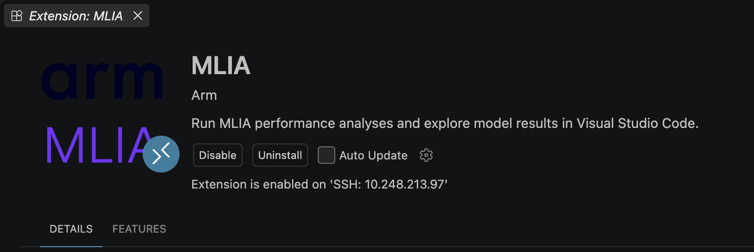 The MLIA extension page identifies Arm as the publisher and confirms that the extension is enabled on an SSH host.
