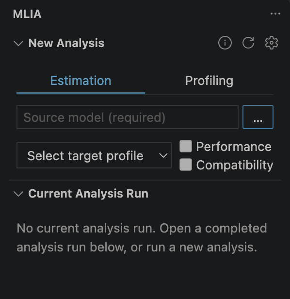 The initialized New Analysis view shows Estimation and Profiling tabs, a Source model field, target selection, and check options.