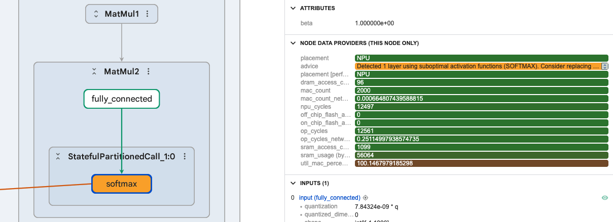 Image Alt Text:The selected softmax node has NPU placement and advice about a suboptimal SOFTMAX activation, showing that a supported operation can still receive performance advice.
