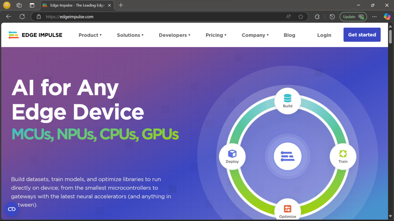 Image Alt Text:Screenshot of the Edge Impulse home page showing the main navigation and project dashboard alt-text