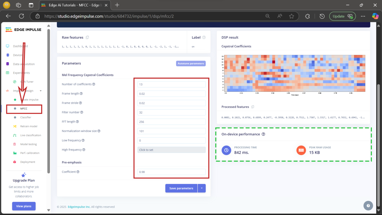 Image Alt Text:Screenshot showing the MFCC configuration page in Edge Impulse with time and frequency parameters set for feature extraction alt-text