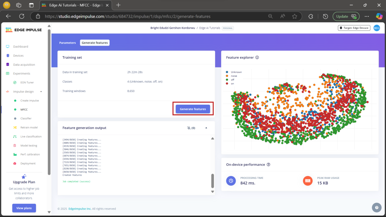 Image Alt Text:Screenshot showing the feature explorer in Edge Impulse with a 2D visualization of four labeled audio classes alt-text