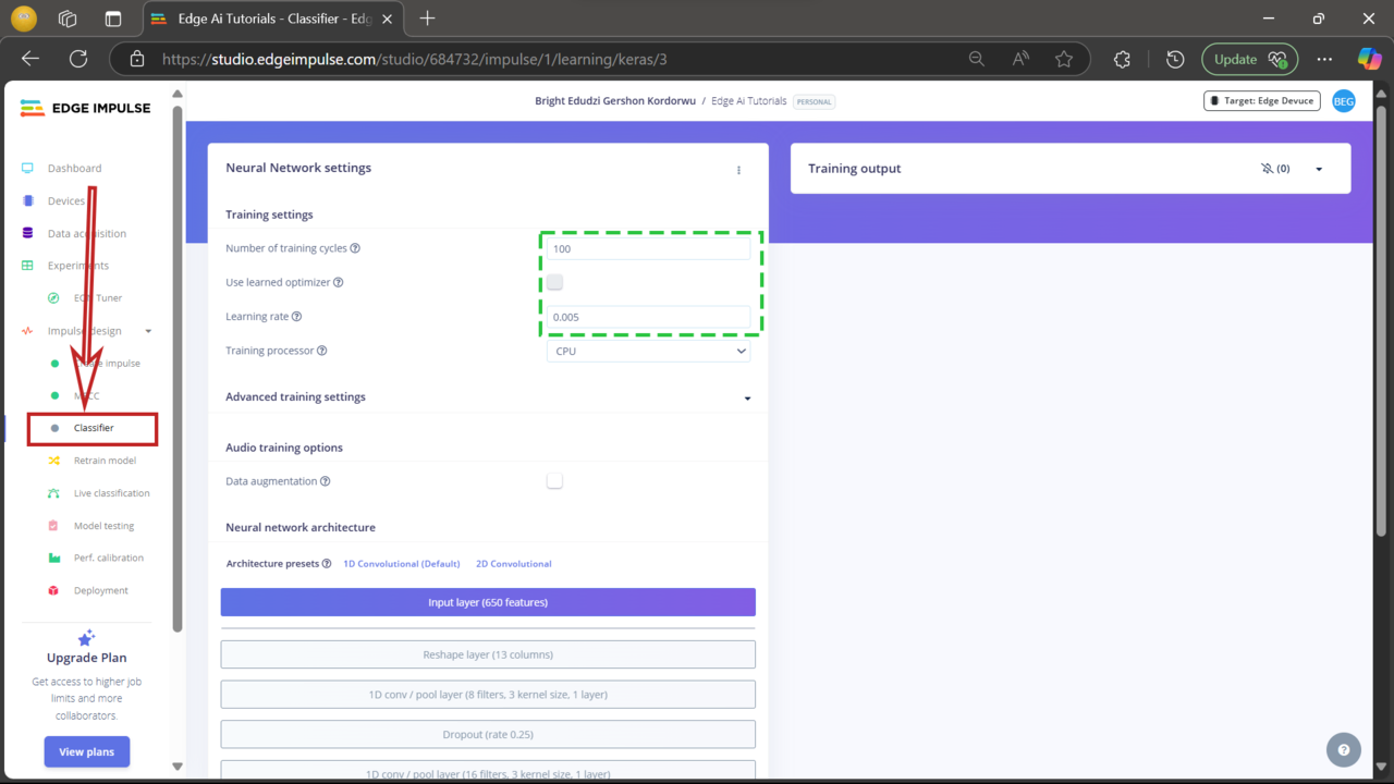 Image Alt Text:Screenshot showing the classifier configuration screen in Edge Impulse with neural network settings for audio classification alt-text