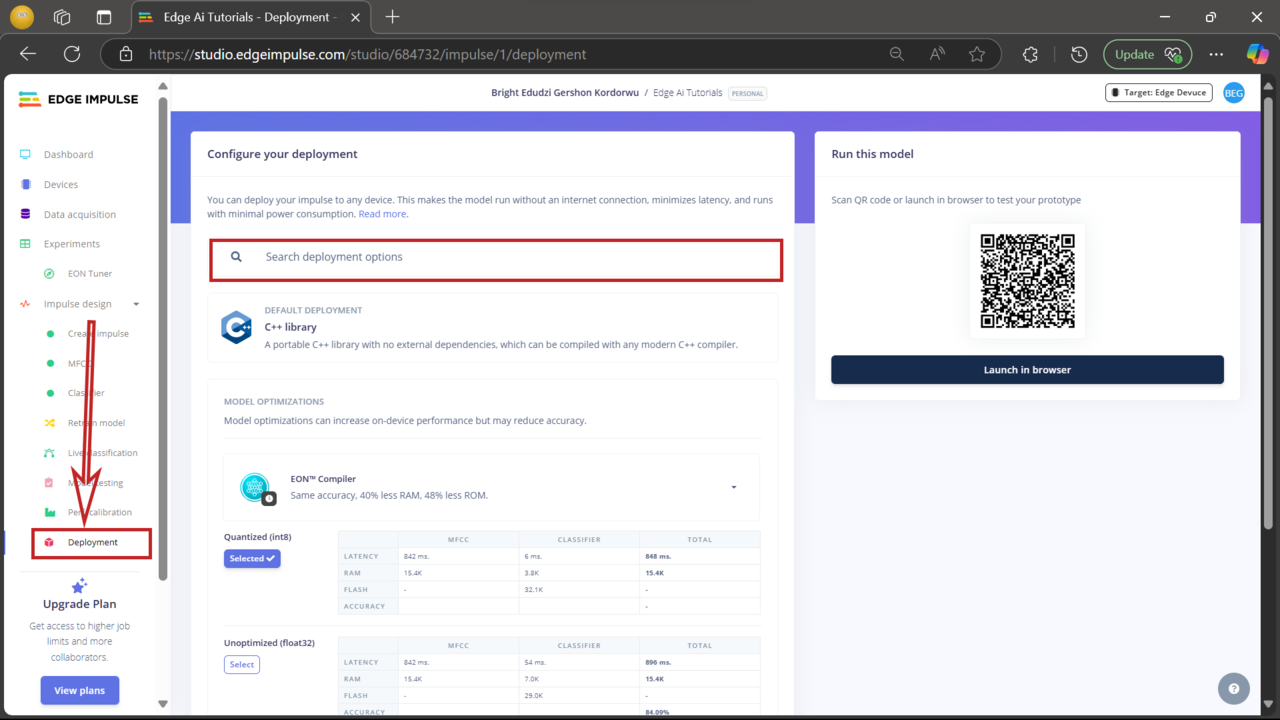 Image Alt Text:Screenshot showing the Edge Impulse deployment page with Arduino library export selected alt-text
