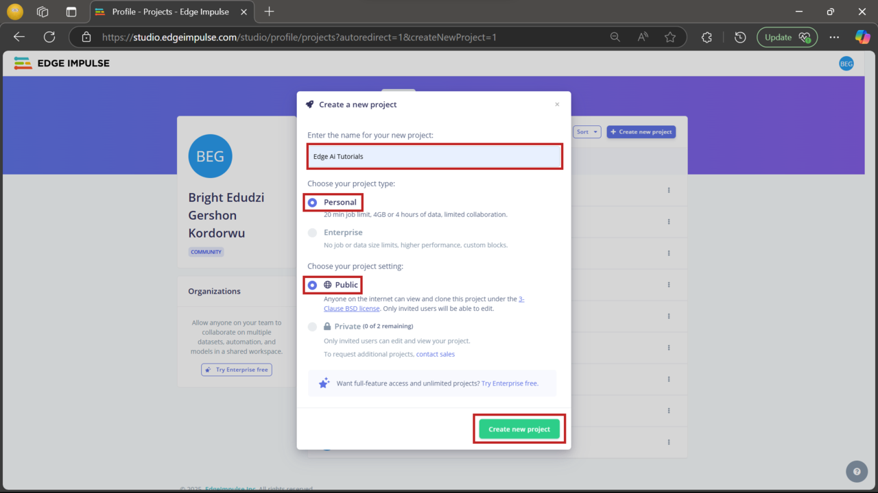 Image Alt Text:Screenshot showing the new project creation page in Edge Impulse, with fields for project name, type, and target device alt-text