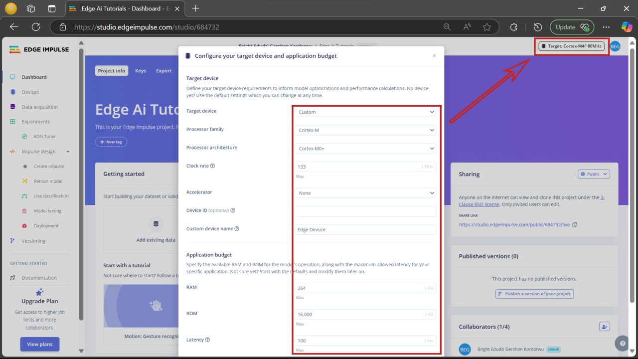 Image Alt Text:Screenshot showing the Edge Impulse device configuration page with Arduino Nano RP2040 Connect selected alt-text