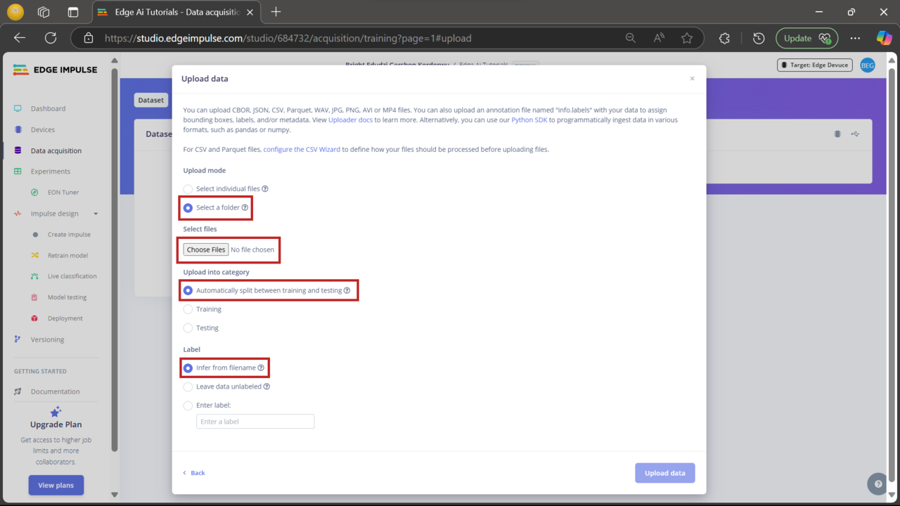 Image Alt Text:Screenshot showing the Edge Impulse interface with the Add existing data panel open, used to upload pre-recorded datasets alt-text