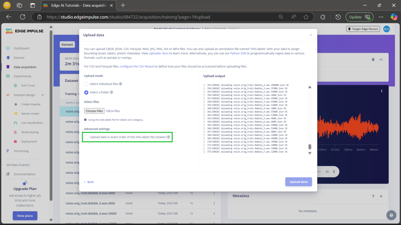 Image Alt Text:Screenshot showing the Data acquisition tab in Edge Impulse with uploaded samples organized by label alt-text