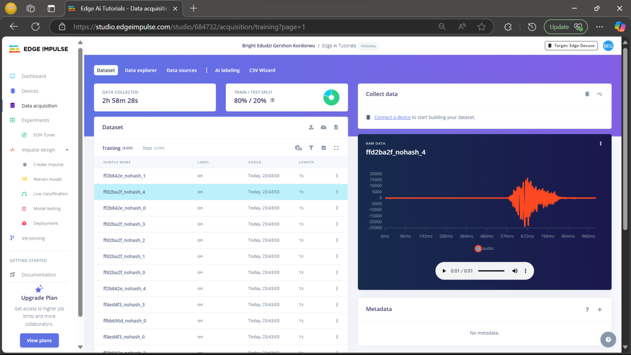 Image Alt Text:Screenshot showing the Impulse design interface in Edge Impulse with input, processing, and learning blocks configured alt-text