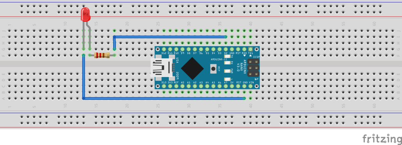 Image Alt Text:Diagram showing the physical breadboard circuit connecting an LED to GPIO D2 and GND on the Arduino Nano RP2040 alt-text
