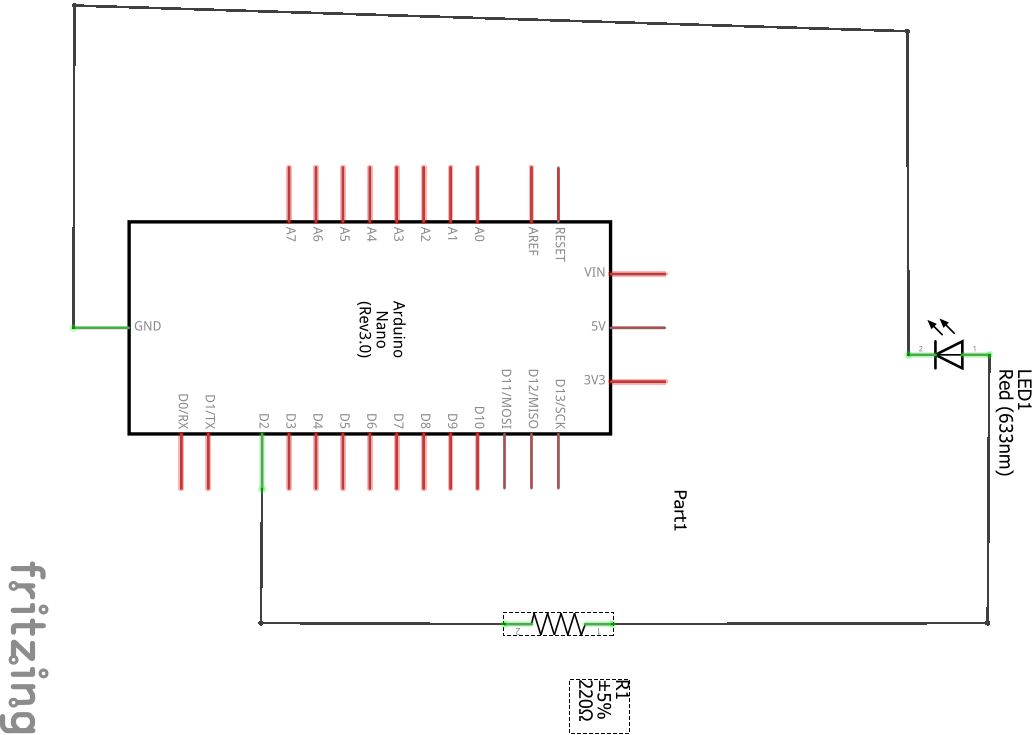 Image Alt Text:Schematic diagram showing the LED connected between GPIO D2 and GND with a 220 Ω resistor in series alt-text