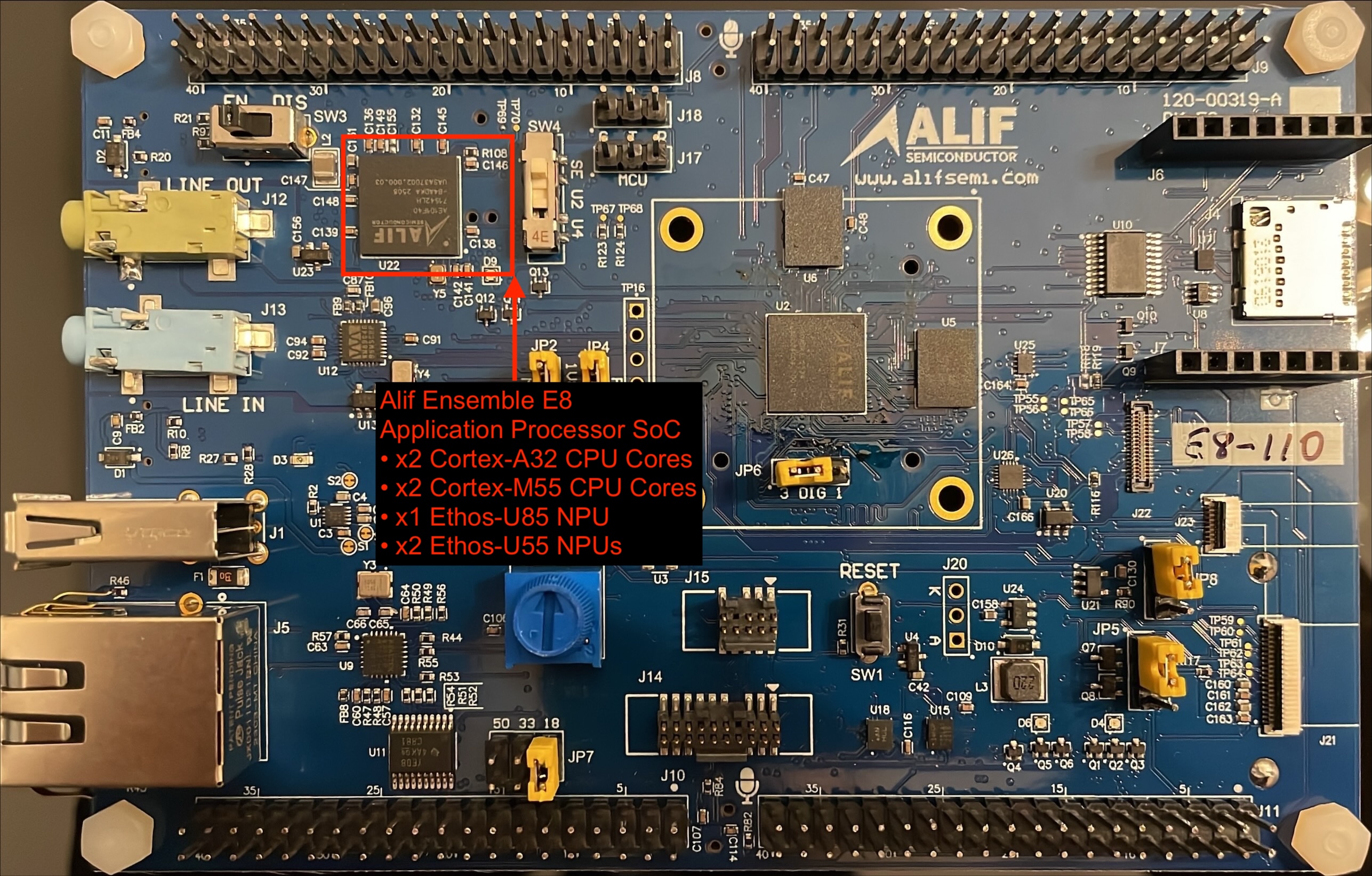 Alif Ensemble E8 application processor SoC and integrated Arm cores and NPUs Alif Ensemble E8 DevKit with a red box highlighting the application processor SoC. The overlay identifies two Cortex-A32 cores, two Cortex-M55 cores, one Ethos-U85 NPU, and two Ethos-U55 NPUs.