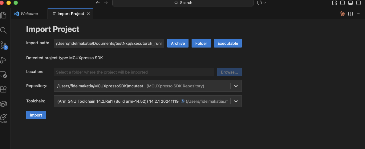 Image Alt Text:Import Project dialog showing project path, repository, and toolchain selection
