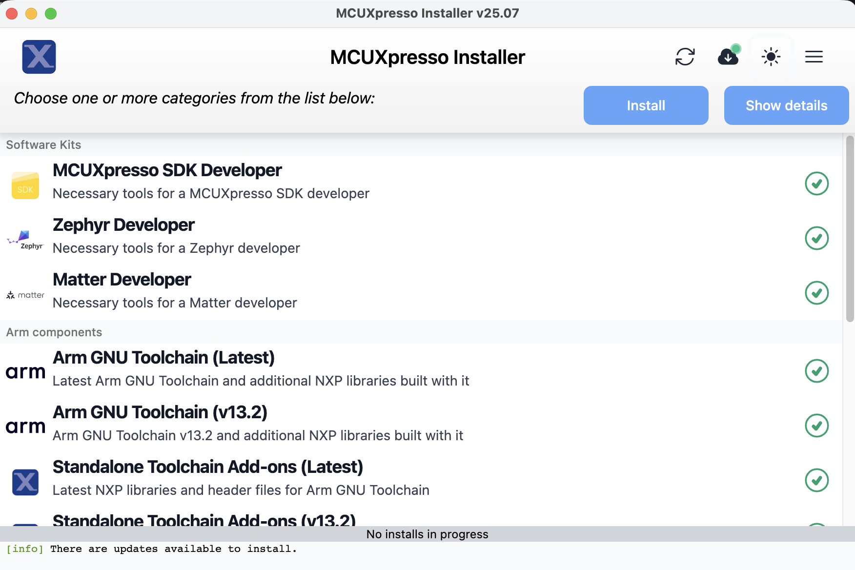 Image Alt Text:MCUXpresso Installer showing SDK and toolchain selection options