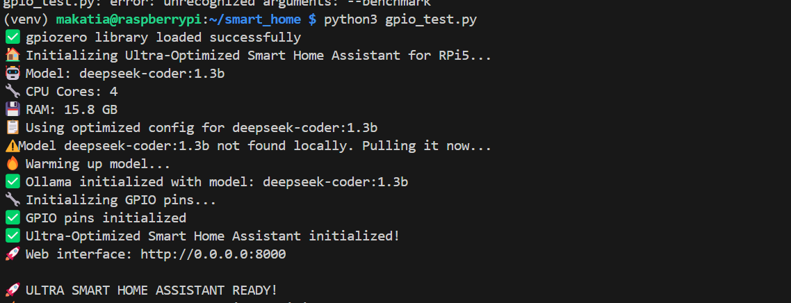 Image Alt Text:Terminal running smart_home_assistant.py showing default web API and CLI output alt-text