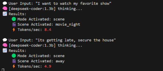 Image Alt Text:Terminal interaction with the smart home assistant showing LLM responses to user commands alt-text