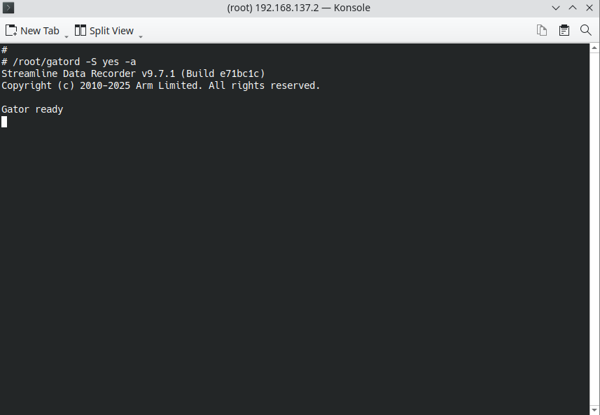 Image Alt Text:Terminal window showing the command to start gatord on the target device. The command entered is <code>/root/gatord -S yes -a</code>. The terminal background is dark with white text. The environment is a typical Linux shell session focused on system profiling setup. There is no emotional tone in the image. alt-text